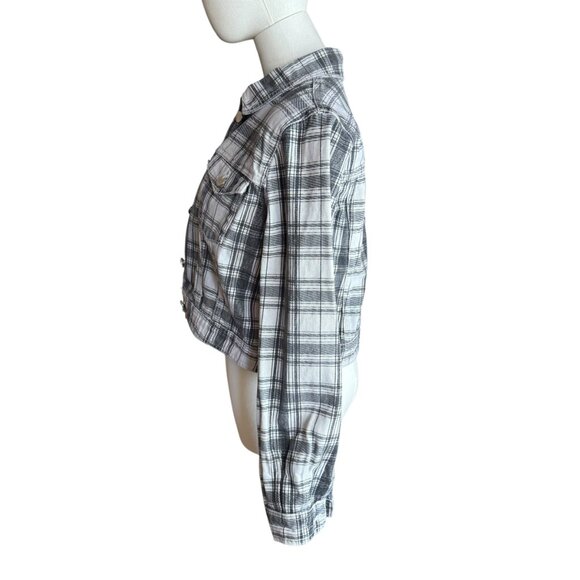 ASOS Black & White Plaid Denim Jacket Size US 8 / UK 12 | Cropped Button Front - Picture 6 of 7